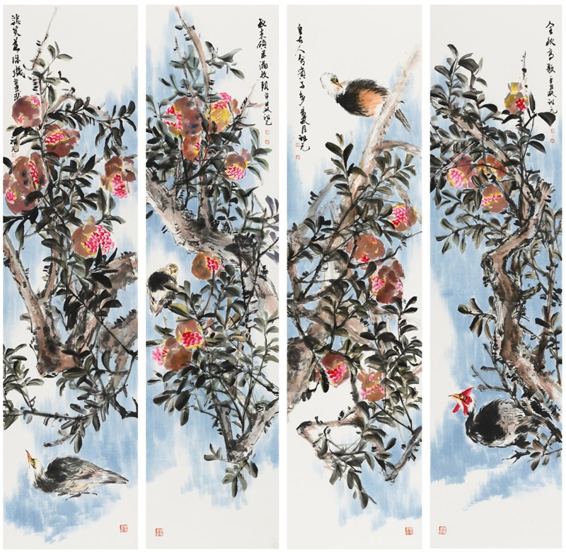 花鸟四条屏《石榴》345&times;1380&times;4