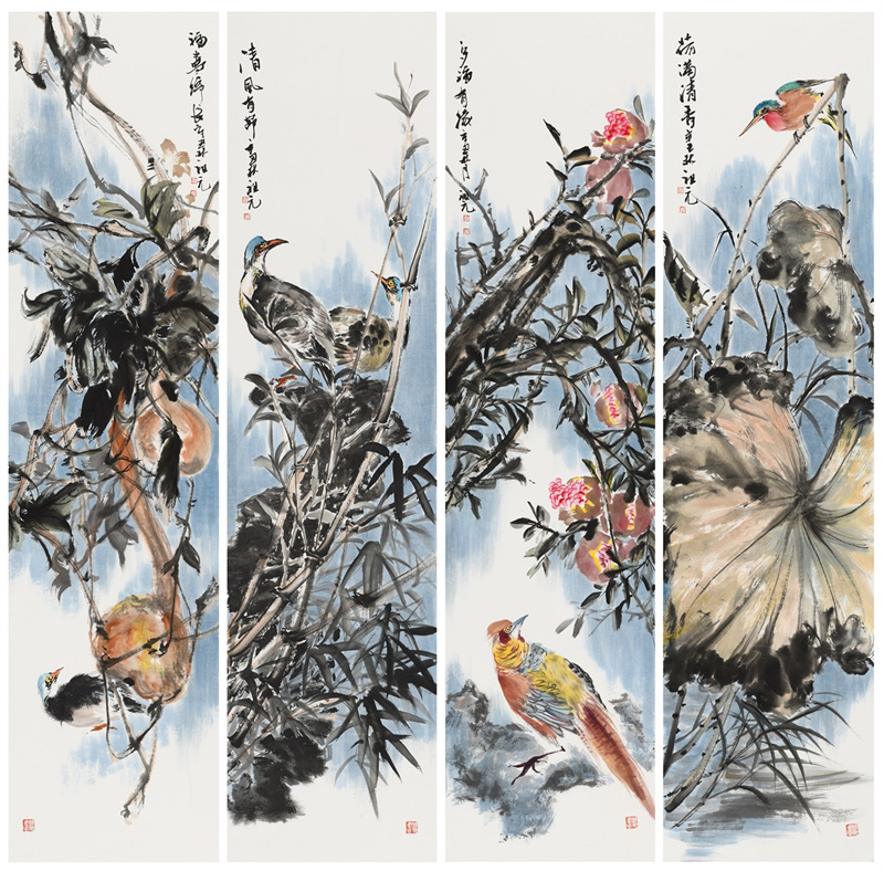 花鸟四条屏《荷气生财》345&times;1380&times;4