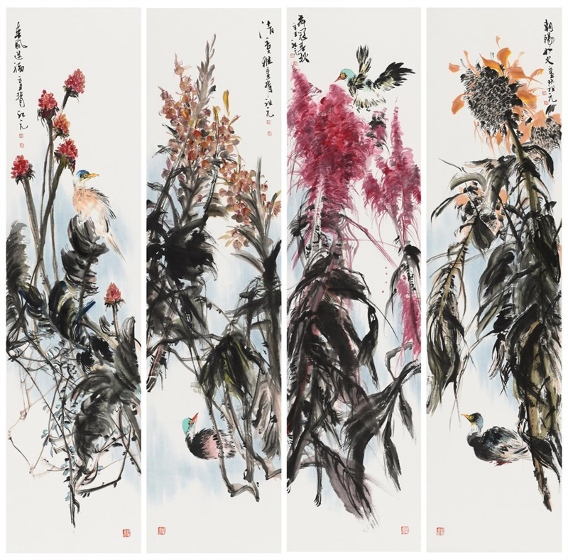 花鸟四条屏《朝阳如火》345&times;1380&times;4