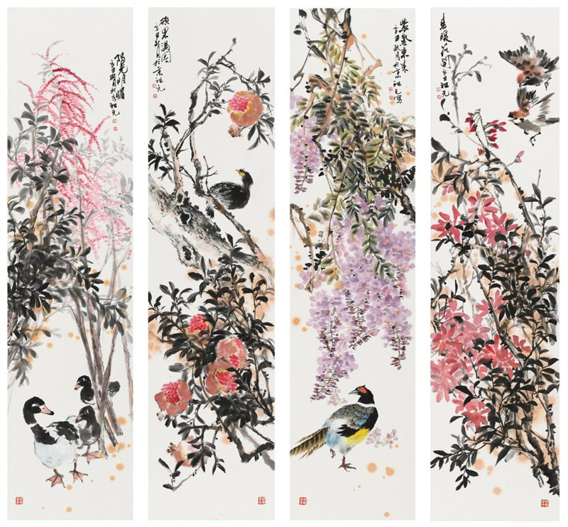 花鸟四条屏《春暖花开》345&times;1380&times;4